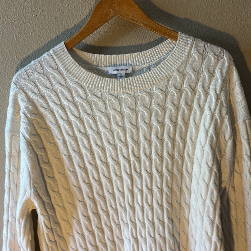 Nordstrom Cable Knit Crew Neck Sweater XL Off-White Merino Wool Blend Long Slv - Picture 2 of 8